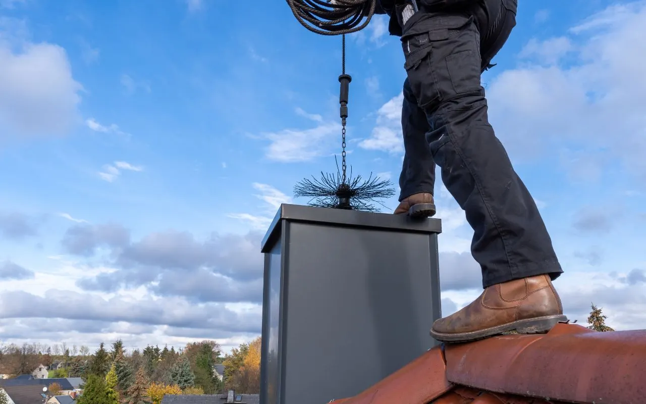 Professional chimney sweep cleaning a chimney in Queens, NY.